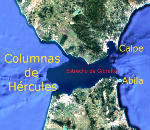 Columnas de Hércules: Calpe (Peñón de Gibraltar) y Abila (Monte Hacho)